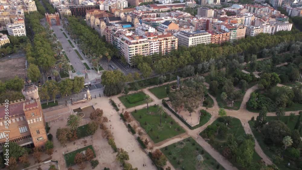 Arco de Triunfo de Barcelona, Castle of Tres Dragons and Ciutadella Park, Drone Aerial View Arco de Triunfo de Barcelona, Castle of Tres Dragons and Ciutadella Park, Drone Aerial View
