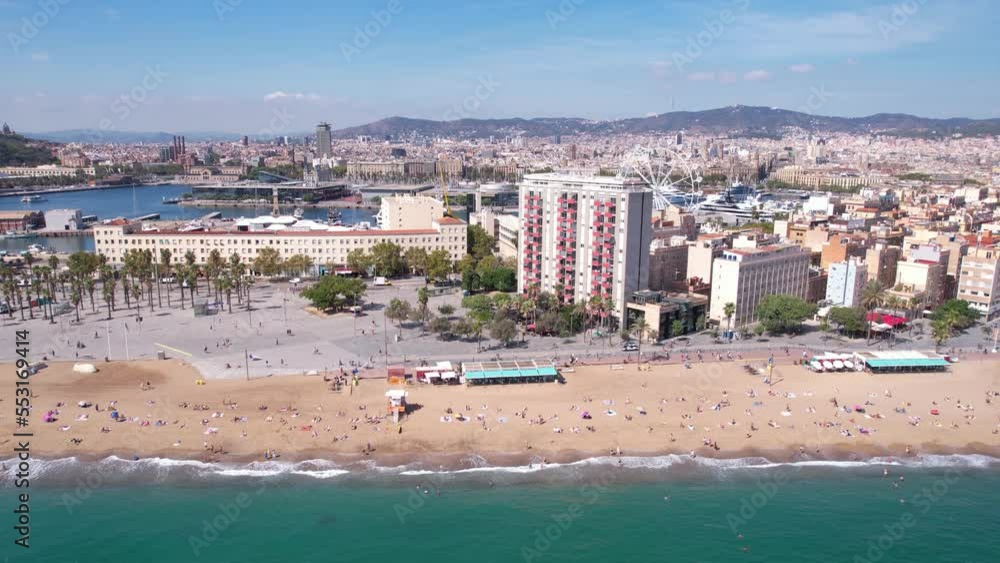 Barcelona Seaside, Spain, Aerial View of Barceloneta Beach and Harbor on Hot Summer Day Barcelona Seaside, Spain, Aerial View of Barceloneta Beach and Harbor on Hot Summer Day
