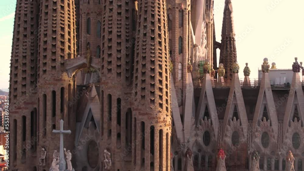 Sagrada Familia, Barcelona Spain. Close Up Aerial View of Church Exterior and Facade Sagrada Familia, Barcelona Spain. Close Up Aerial View of Church Exterior and Facade
