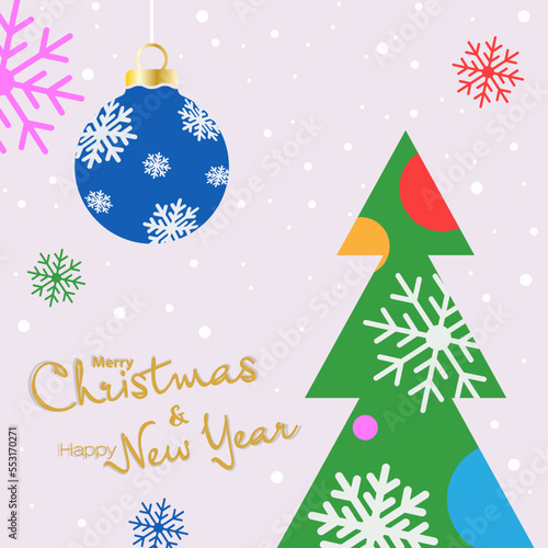 Merry Christmas and Happy New Year. Template for greetings, banners, posters, postcards and holiday invitations. A design idea with festive balloons, snow and snowflakes