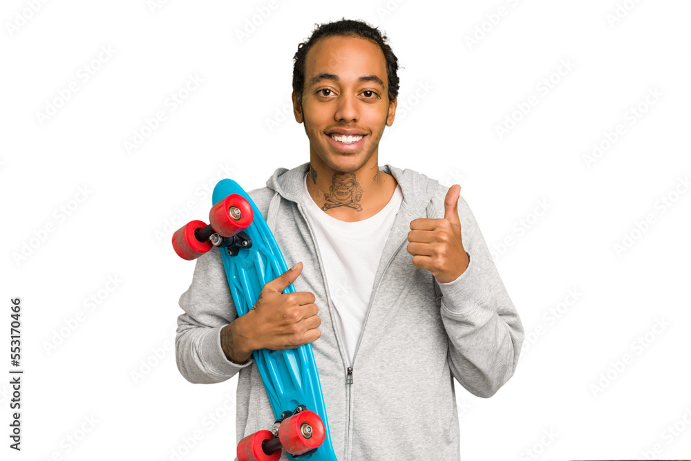 Young skater African American man isolated smiling and raising thumb up Young skater African American man isolated smiling and raising thumb up
