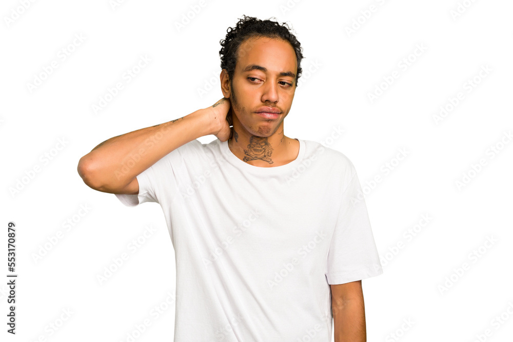 Young African American man isolated touching back of head, thinking and making a choice. Young African American man isolated touching back of head, thinking and making a choice.