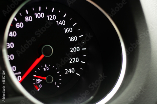 Odometer, rev counter and different vehicle or car controls, as well as climate control controls, lights, multifunction display, seat belt alert or gasoline level