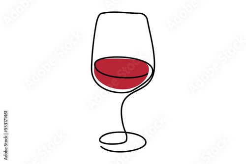 Glass of red wine in continuous line art drawing style. Minimalist black and red line sketch on white background.