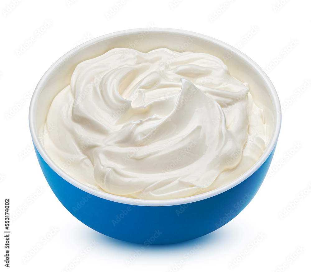 Blue bowl of sour cream isolated on white background Blue bowl of sour cream isolated on white background