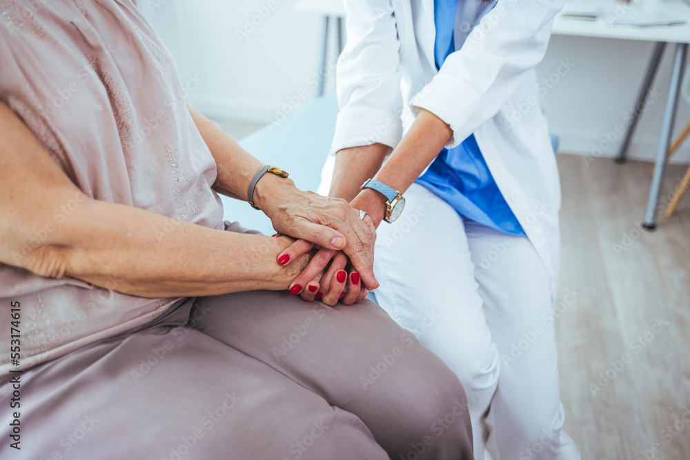 Obraz premium Parkinson disease patient, Alzheimer elderly senior, Arthritis person hand in support of nursing family caregiver care for disability awareness day, National care givers month, ageing society concept