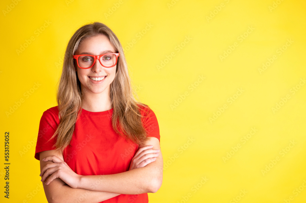 Portrait of cute young woman in red t shirt with glasses Portrait of cute young woman in red t shirt with glasses