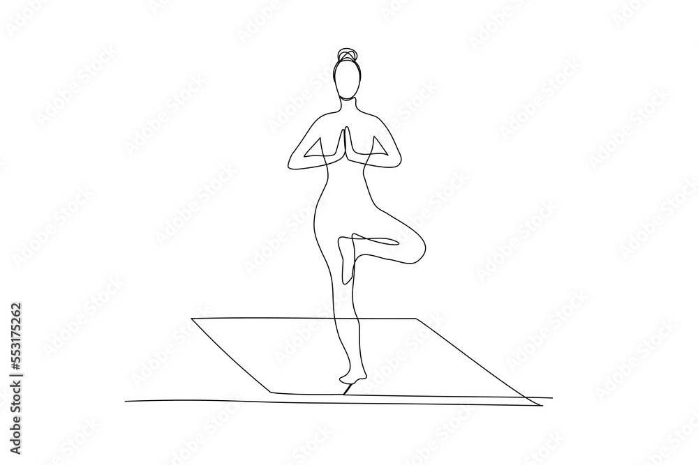 Woman Yoga Pose Tree Continuous Line Drawing. Yoga Pose Female Silhouette One Line Drawing. Meditation Vector Illustration Minimalistic Style for Modern Design: Prints, Wall Art, Posters, Social Media