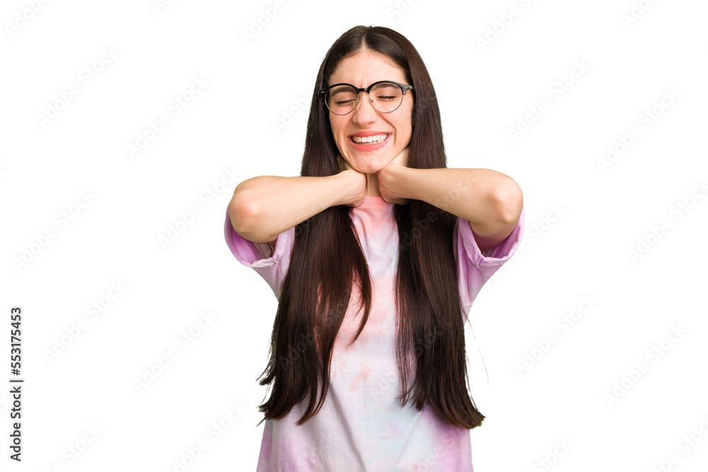 Young caucasian brunette long hair woman cutout isolated suffering neck pain due to sedentary lifestyle. Young caucasian brunette long hair woman cutout isolated suffering neck pain due to sedentary lifestyle.