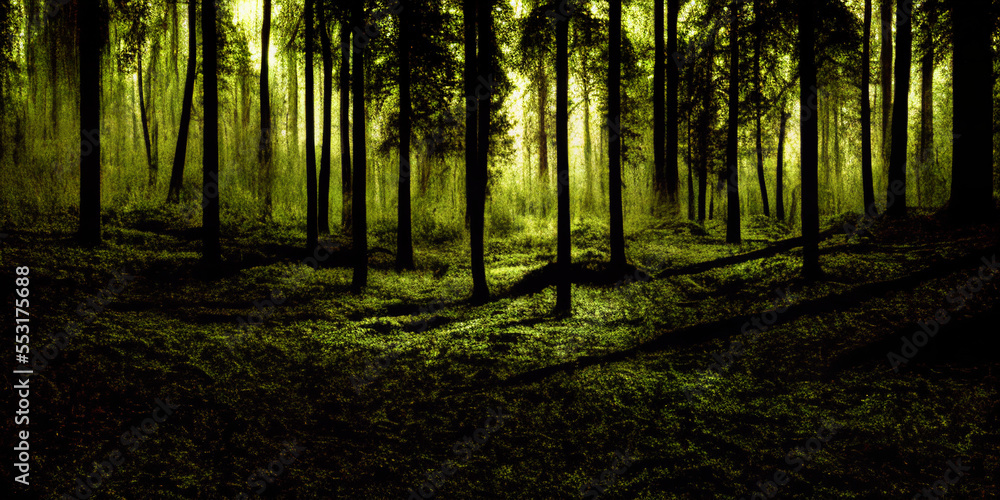 Forest immersed in fog, trees like ghosts, two large trunks frame the sides, generative AI Forest immersed in fog, trees like ghosts, two large trunks frame the sides, generative AI