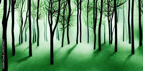 Forest in stylized graphic form  trunks as black silhouettes with shaded green foliage  grass on the ground as a pattern  backlight  generative AI