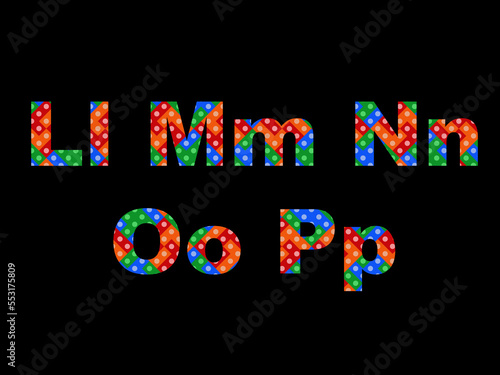 Set of colorful alphabets from L to P on black background.