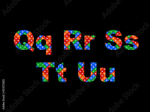 Set of colorful alphabets from Q to U on black background.