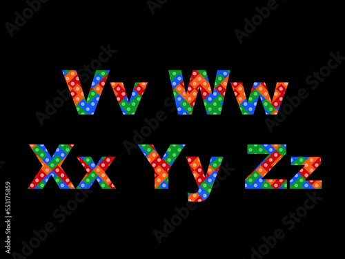 Set of colorful alphabets from V to Z on black background.