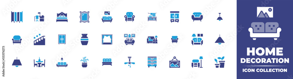 Home decoration  icon Collection. Duotone color. Vector illustration. Containing sofa, frame, double bed, table, screen, curtain, vase, wardrobe, stairs, armchair, succulent, dining table, and more.