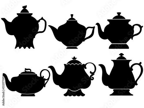 Black silhouettes of vintage teapots for tea and coffee of different shapes for the design of showcases, menus, packaging and stickers.