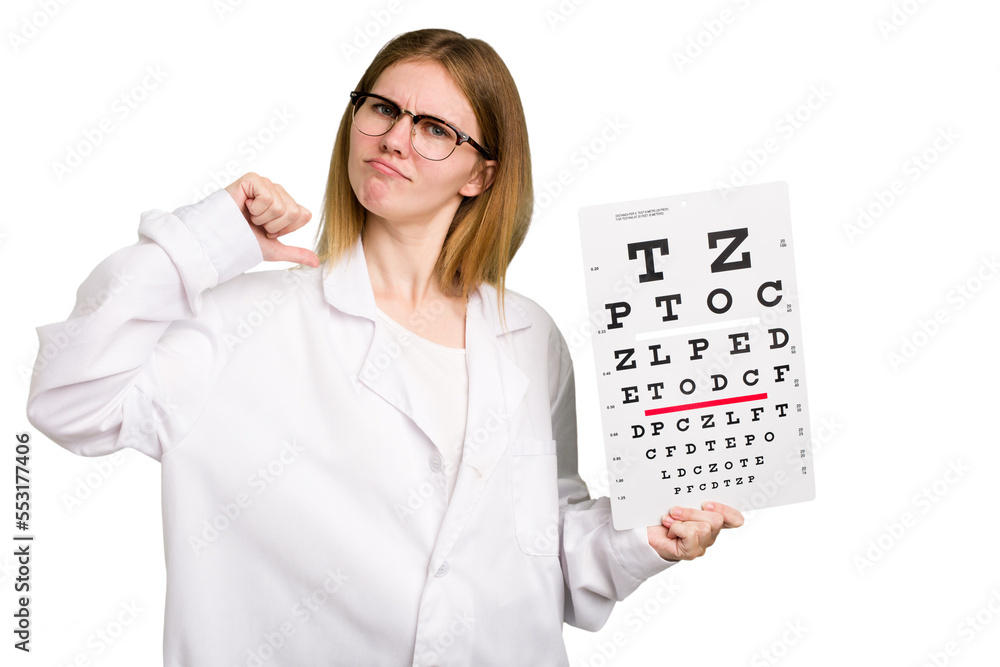 Young caucasian oculist woman holding a eye chart paper isolated feels proud and self confident, example to follow. Young caucasian oculist woman holding a eye chart paper isolated feels proud and self confident, example to follow.