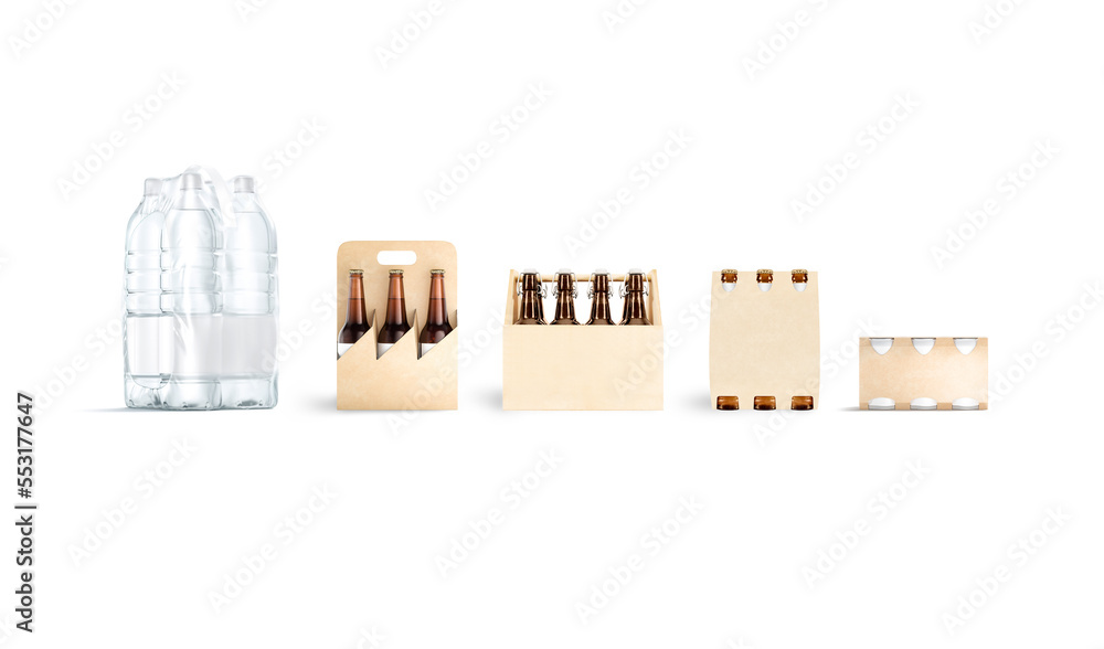Obraz premium Blank plastic and craft bottle pack mockup, isolated