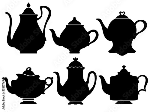 Black silhouettes of vintage teapots for tea and coffee of different shapes for the design of showcases, menus, packaging and stickers.