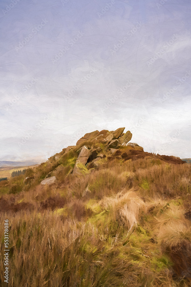 Digital oil painting of bleak winter panoramic view of Baldstone, and Gib Torr in the Peak District National Park, UK.