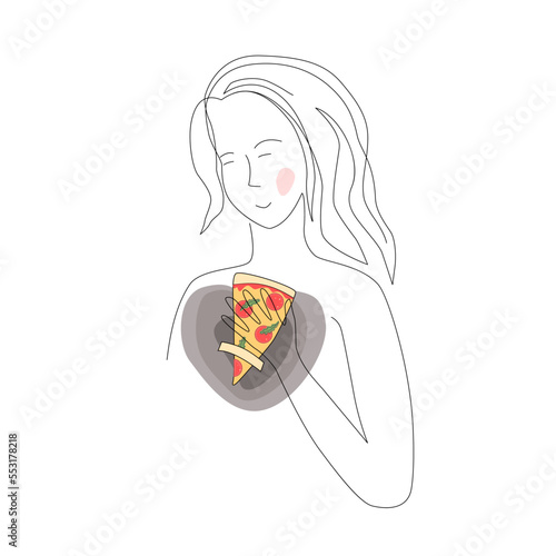 Sad girl overeats at night to cope with stress. Fat woman eat near refrigerator thinking about slim figure. Female character suffering from eating disorders. Compulsive overeating. Vector illustration