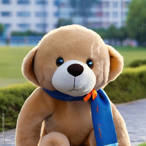 sad brown teddy bear with a blue tie around its neck sitting on a curb in front of a building and local park play field, generative AI photo