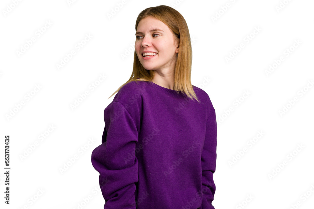 Young caucasian woman isolated looks aside smiling, cheerful and pleasant. Young caucasian woman isolated looks aside smiling, cheerful and pleasant.