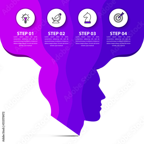 Infographic template. Purple head silhouette with 4 icons