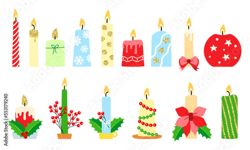 Christmas candle icon set. Festive candle collection