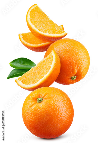 Orange isolated. Orange fruit  whole  slice and leaves on white background. Orang flying collection. Full depth of field.