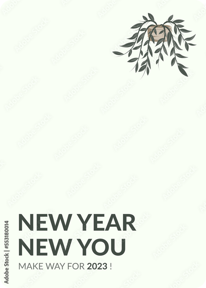 new year new you words gift card template with hanging house plant floral element