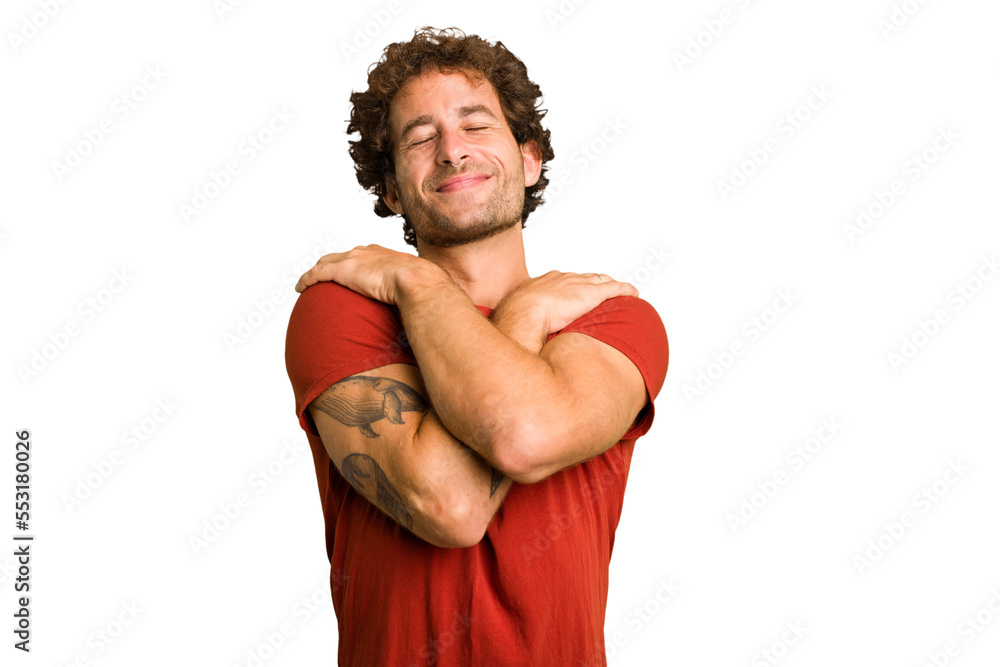 Young curly smart caucasian man cut out isolated hugs, smiling carefree and happy. Young curly smart caucasian man cut out isolated hugs, smiling carefree and happy.