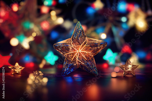 Beautiful star in the Christmas lights and ornaments background, AI generated image