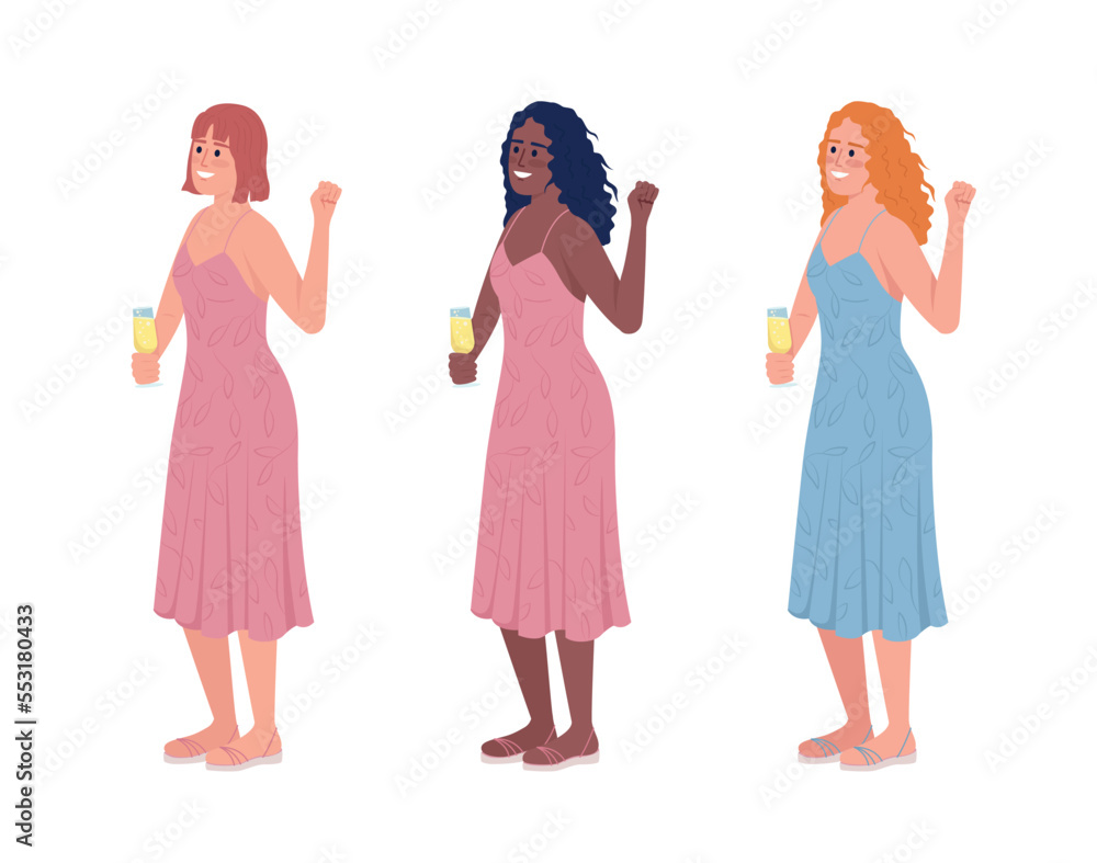 Bridesmaids with sparkling wine glass semi flat color vector character set. Editable figures. Full body people on white. Simple cartoon style illustration pack for web graphic design and animation Bridesmaids with sparkling wine glass semi flat color vector character set. Editable figures. Full body people on white. Simple cartoon style illustration pack for web graphic design and animation
