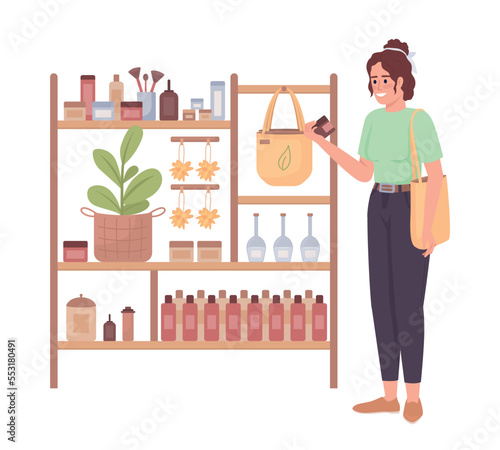 Woman buying eco cosmetics semi flat color vector character. Organic store. Editable figure. Full body person on white. Simple cartoon style illustration for web graphic design and animation © The img