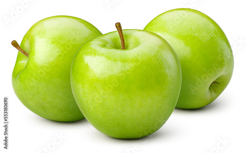 Green apple isolated. Three apples on white background. Green apple horizontal composition. With clipping path. Full depth of field.