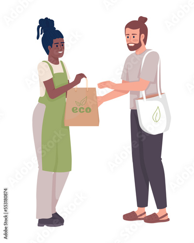 Eco shopping semi flat color vector characters. Editable figures. Full body people on white. Simple cartoon style illustrations for web graphic design and animation. Nerko One Regular font used