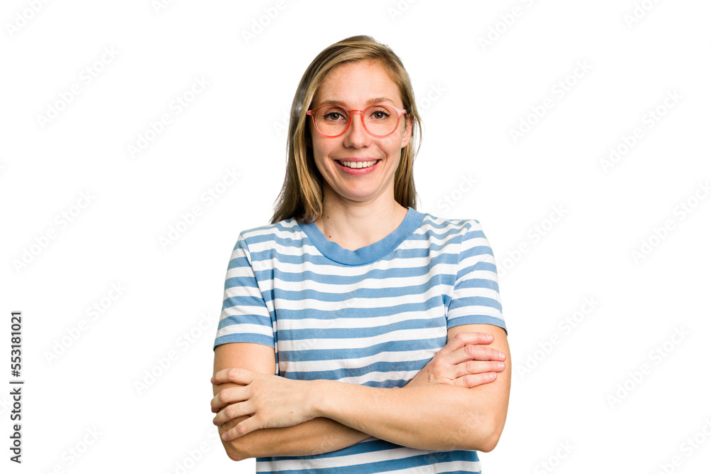 Young caucasian woman cutout isolated who feels confident, crossing arms with determination. Young caucasian woman cutout isolated who feels confident, crossing arms with determination.