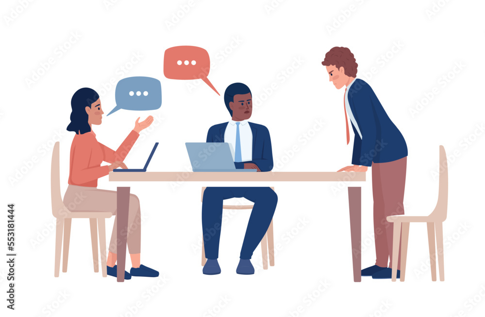 Coworkers at business meeting semi flat color vector characters. Editable figures. Full body people on white. Communication simple cartoon style illustration for web graphic design and animation