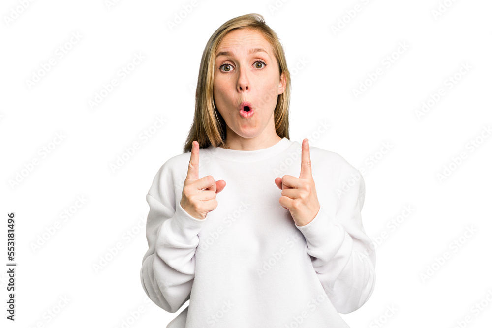 Young caucasian woman cutout isolated pointing upside with opened mouth. Young caucasian woman cutout isolated pointing upside with opened mouth.