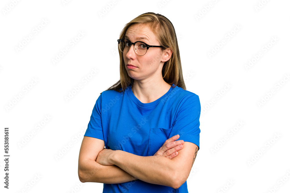 Young caucasian woman cutout isolated unhappy looking in camera with sarcastic expression. Young caucasian woman cutout isolated unhappy looking in camera with sarcastic expression.