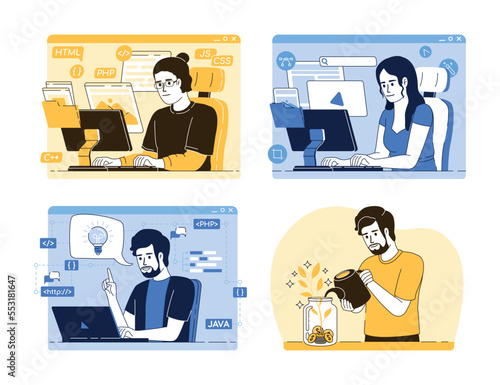 Online job flat concept vector illustrations set. Editable 2D cartoon character on white for web design. Creative ideas pack for website, mobile, presentation. Bebas Nenue, Quicksand fonts used