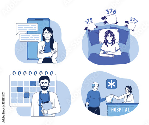 Healthcare flat concept vector illustrations set. Editable 2D cartoon character on white for web design. Medicine creative ideas pack for website, mobile, presentation. Bebas Nenue, Chewy fonts used