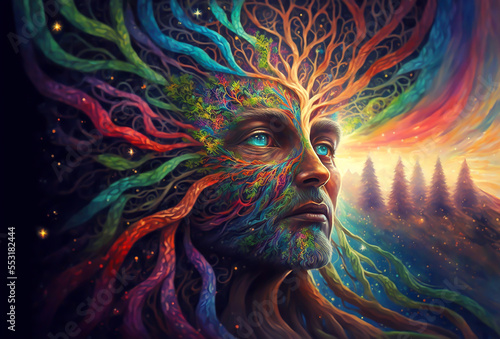 psychedelic portrait human, Colorful psychedelic portrait of an abstract woman, Colorful psychedelic portrait of an abstract man. Digital art Psychedelic portrait of a hippie woman. Generative AI photo