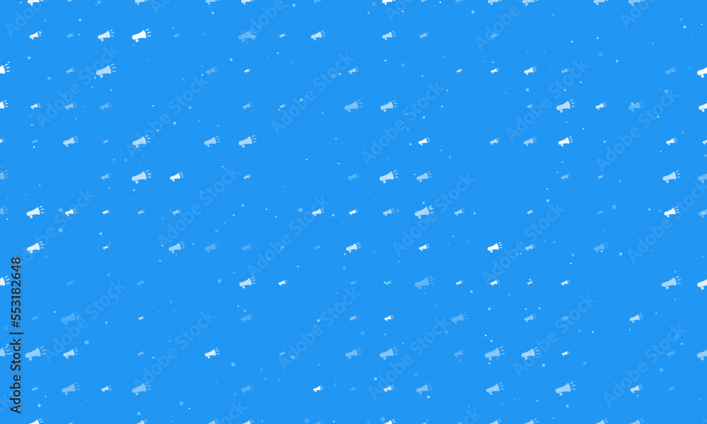 Seamless background pattern of evenly spaced white megaphone symbols of different sizes and opacity. Vector illustration on blue background with stars Seamless background pattern of evenly spaced white megaphone symbols of different sizes and opacity. Vector illustration on blue background with stars