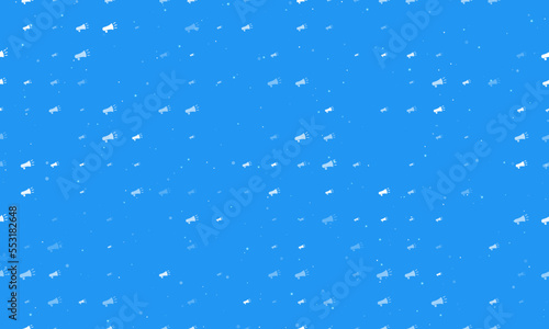 Seamless background pattern of evenly spaced white megaphone symbols of different sizes and opacity. Vector illustration on blue background with stars