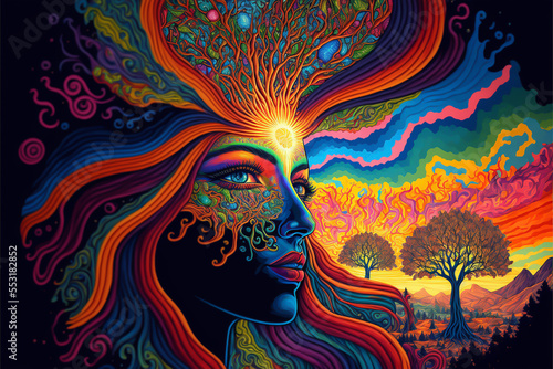 psychedelisch portret mens, Kleurrijk psychedelisch portret van een abstracte vrouw, Kleurrijk psychedelisch portret van een abstracte man. Digitale kunst Psychedelisch portret van een hippievrouw. Generatieve AI