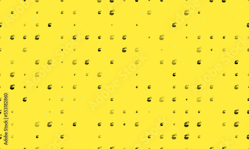 Seamless background pattern of evenly spaced black noodle symbols of different sizes and opacity. Vector illustration on yellow background with stars
