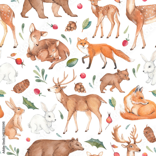 Seamless pattern with cute forest animals  deer  bear  hare  fox. Watercolor  hand-drawn.Christmas card  holiday card for printing  illustration of a winter forest isolated on a white background.