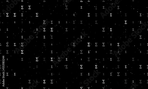 Seamless background pattern of evenly spaced white sigma symbols of different sizes and opacity. Vector illustration on black background with stars